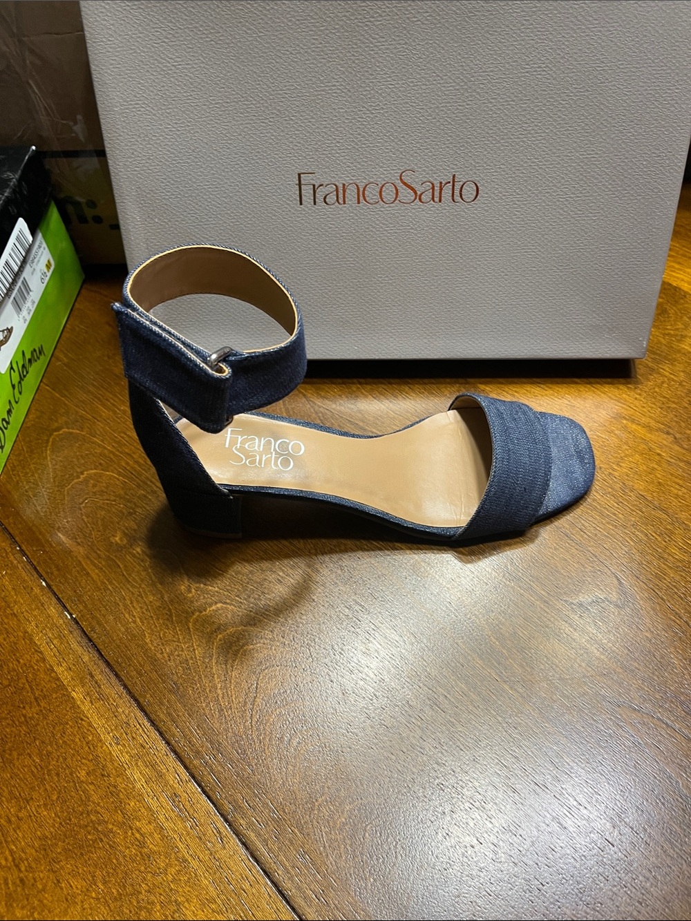 Franco Sarto Denim-Look Navy Ankle-Strap Block Heel